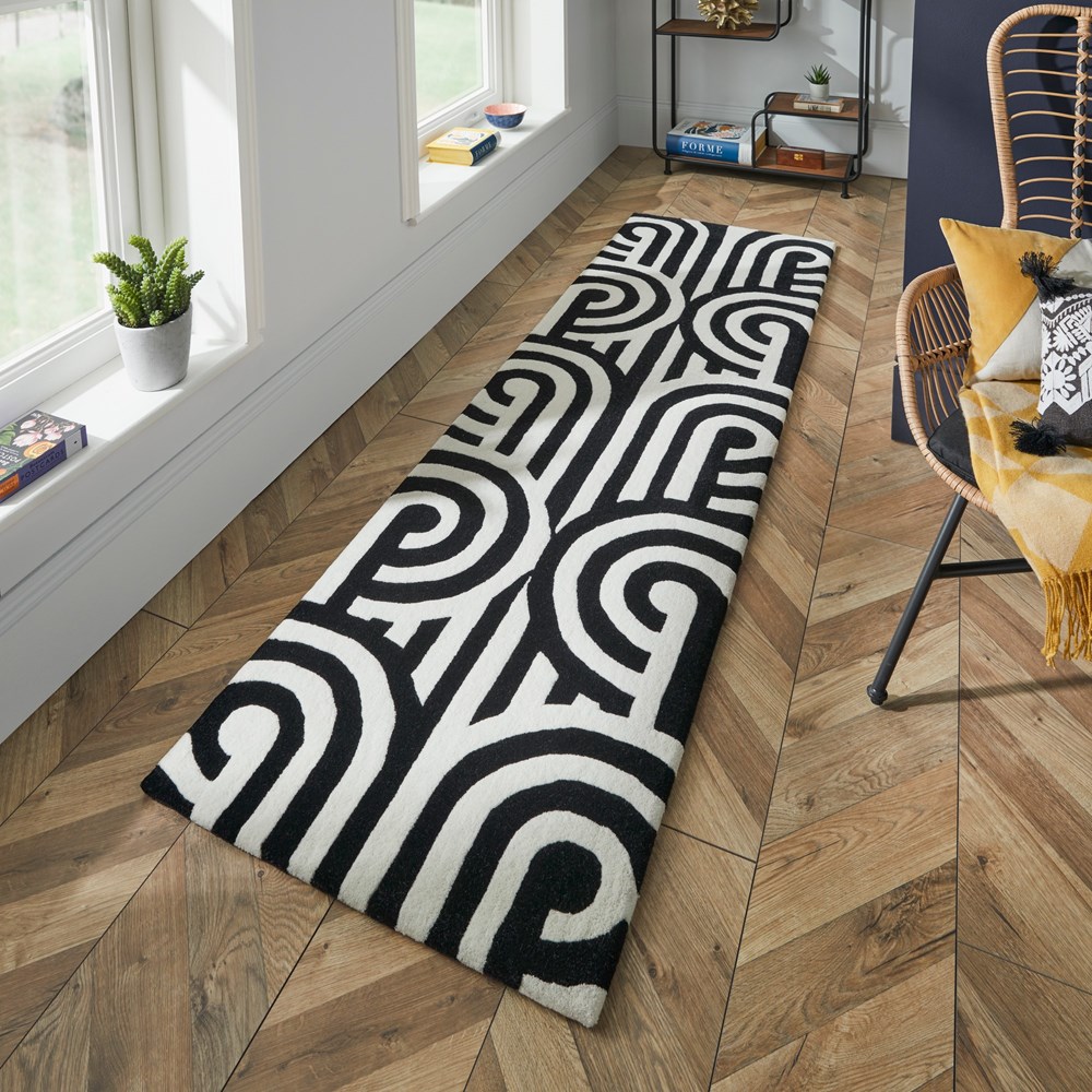 Turnabouts Retro Runner Rugs in 39205 Black White by Florence Broadhurst